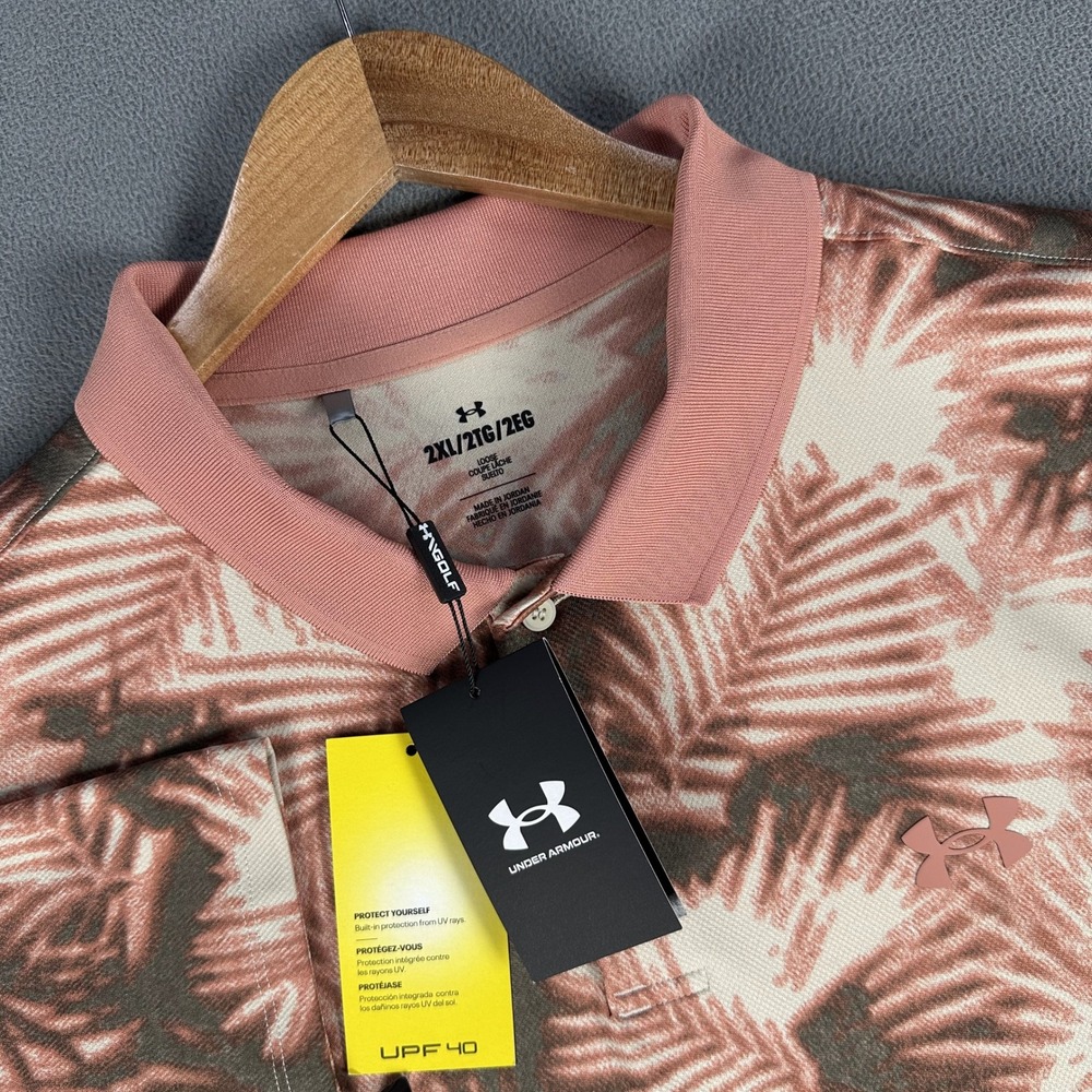 Under Armour Polo Shirt Mens 2XL Canyon Pink Matchplay Printed Tropical Golf